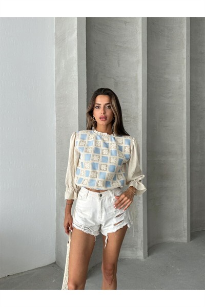 Kadın Mavi Dantel Güpür Detaylı Pamuk Keten Bluz
