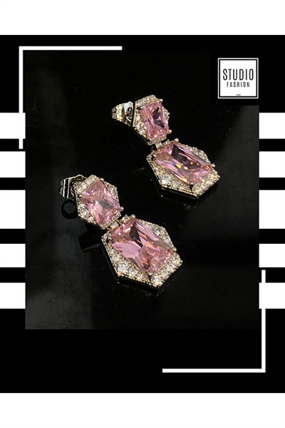 VIP Çelik Premium Rodyum Kaplama Pembe Taşlı Tasarım Şık Küpe