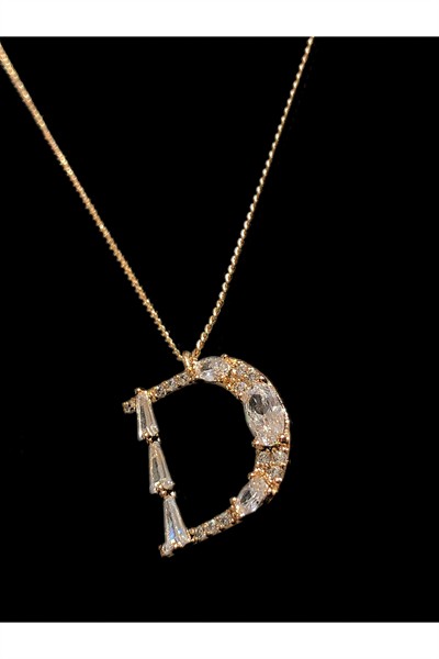 VIP Taşlı Premium Rodyum Kaplama D Harf Kolye