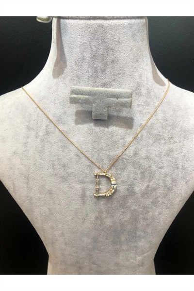 VIP Taşlı Premium Rodyum Kaplama D Harf Kolye