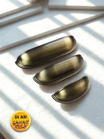 Çanak Kulp - 64 mm Antik Sarı Mobilya Kulp (Dolap, Çekmece, Vestiyer Uyumlu)