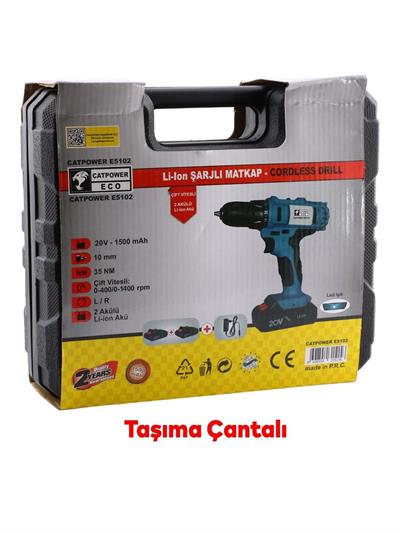 Çift Akülü Li-ion Batarya Vidalama 20V Çift Vitesli 1500 mAh Led Işıklı Darbesiz Anahtarsız Matkap 5102 Catpower