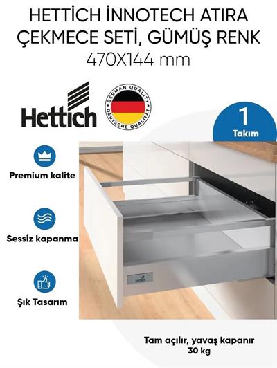 Hettich Atira Bordürlü Metal Geniş Yanaklı Gri Çekmece Seti Rayı / 47 Cm 144 mm Yanak