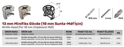 Minifiks Gövde Çinko 18 mm Sunta Mdf için Çap 15 mm Boy 13 mm Kafa