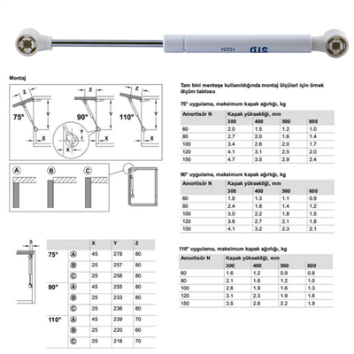 STD Dolap Amortisörü Gazlı Piston Kapak Hidroliği Gri (27 cm 100N)