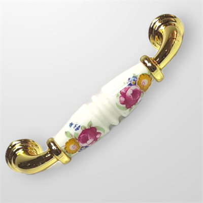 Umut 242 - 96 mm Desenli Beyaz Altın Porselen Kulp Mobilya Dolap Çekmece Vestiyer Kulpları