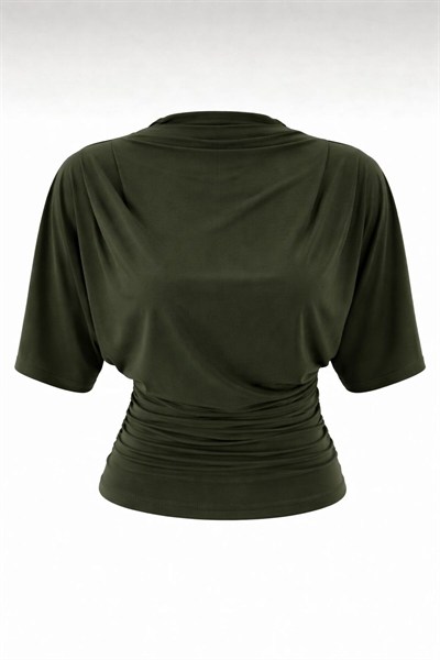 Kadın Koyu Haki Fitted/Vücuda Oturan Kayık Yaka Yarasa Kol Esnek Örme Bluz 0067