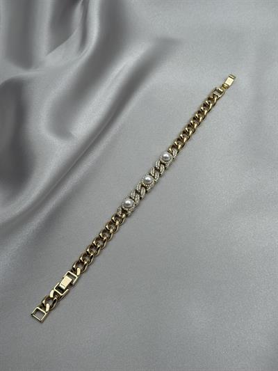 Xuping 14K Üçlü İnci Model Zirkon Taşlı Gold Bileklik