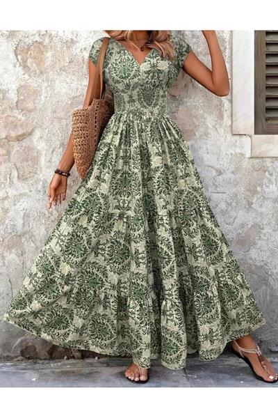 BELİ GİPELİ ETNİK DESENLİ ELBİSE