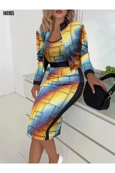 Dalgıç Şardonlu Likralı Kumaş Elbise Hırka Takım