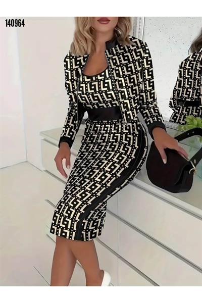 Dalgıç Şardonlu Likralı Kumaş Elbise Hırka Takım