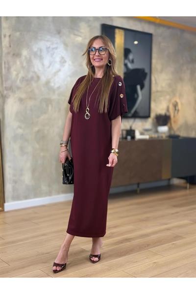 Gold Düğme Detaylı Yarasa Kol Midi Elbise