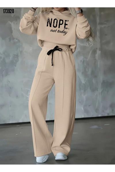 Kadın Nope Baskılı Kapüşonlu Sweatshirt ve Alt İkili Takım