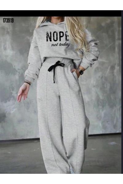 Kadın Nope Baskılı Kapüşonlu Sweatshirt ve Alt İkili Takım