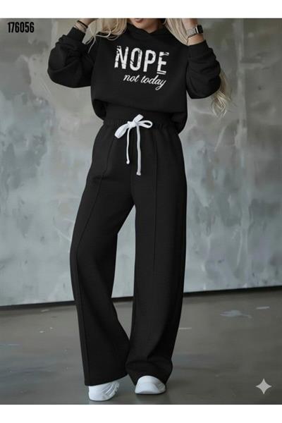 Kadın Nope Baskılı Kapüşonlu Sweatshirt ve Alt İkili Takım