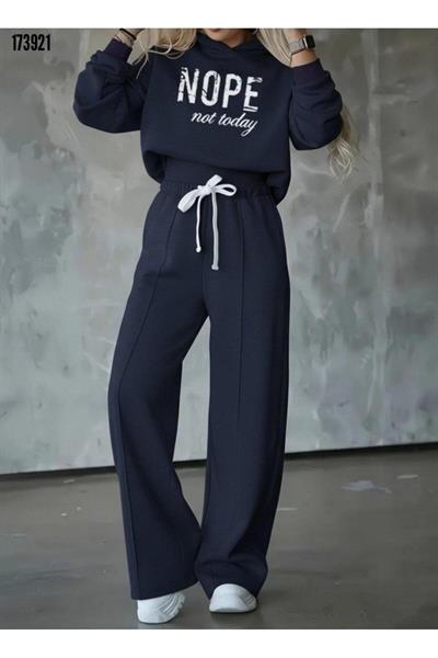 Kadın Nope Baskılı Kapüşonlu Sweatshirt ve Alt İkili Takım