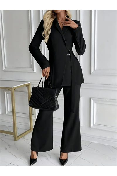Kadın Siyah Yandan Bağlamalı Şık Blazer Takım