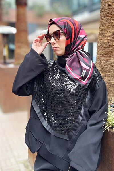 Sugar Rose Desen İpeksi Rayon Eşarp Kırmızı