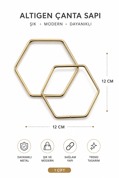 Altıgen Metal Çanta Sapı 12 cm 1 Çift (2 Adet) Geometrik Çanta Kulpu El Yapımı Çanta Aksesuarı,Altın Sarısı