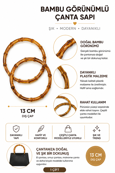 Bambu Görünümlü Yuvarlak Çanta Sapı 13 cm 1 Çift (2 Adet) Plastik Çanta Kulpu Örgü Makrome Rafya Çanta Sapı, 1