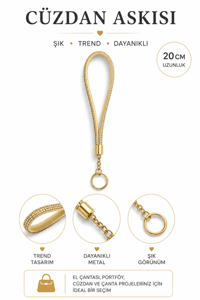 Cüzdan Askısı 20 cm El Askılığı Bilek Askısı Metal Halkalı Cüzdan ve Çanta Aksesuarı,Altın Sarısı