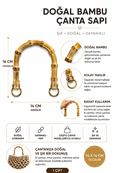 Doğal Bambu Çanta Sapı 16x14 cm 1 Çift (2 Adet) Metal Halkalı El Yapımı Çanta Kulpu Çanta Aksesuarı