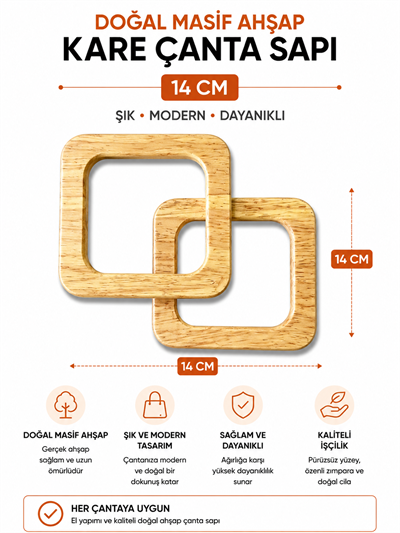 Doğal Masif Ahşap Kare Çanta Sapı 14 cm 1 Çift (2 Adet) El Yapımı Çanta Kulpu Çanta Aksesuarı,Naturel