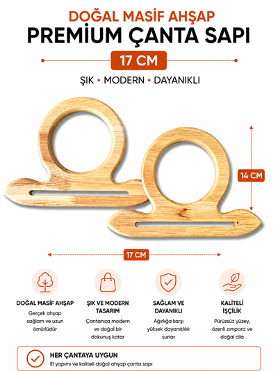 Doğal Masif Ahşap Premium Çanta Sapı 17 cm 1 Çift (2 Adet) El Yapımı Çanta Kulpu Çanta Aksesuarı,Naturel