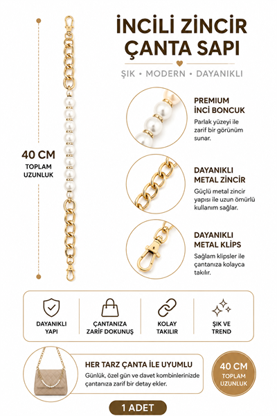 İnci Boncuklu Çanta Sapı 40 cm 1 Adet Metal Klipsli Çanta Askısı Çanta Aksesuarı,Model 4
