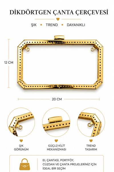 Metal Dikdörtgen Çanta Çerçevesi 20x12 cm Kilitli Çanta Bursu El Çantası Portföy Çanta Aparatı,Altın Sarısı