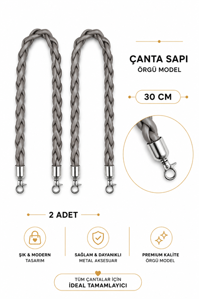Örgü Model Çanta Sapı 30 cm 2 Adet Suni Deri Çanta Kulpu Metal Karabinalı El Yapımı Çanta Askısı Taş Rengi