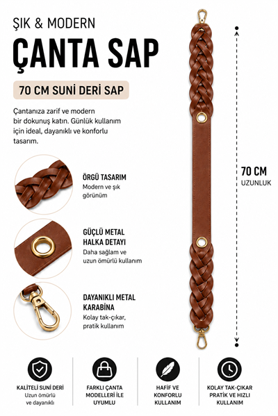 Suni Deri Örgü Çanta Sapı 70 cm Metal Karabinalı Çanta Askısı Çanta Aksesuarı,Kahverengi
