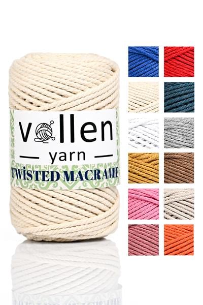 vollen yarn Premium 3 Büküm, Taranan Makrome, Pamuk Makrame, Halat İp, Üç Büküm, Hobi İpi, 250Gr, Krem