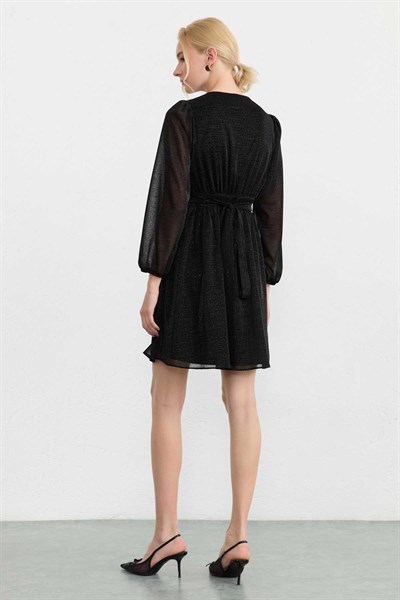 Anvelop Kapama Çizgi Desenli Simli Elbise  /  SİYAH