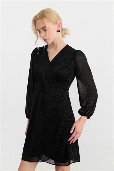 Anvelop Kapama Çizgi Desenli Simli Elbise  /  SİYAH