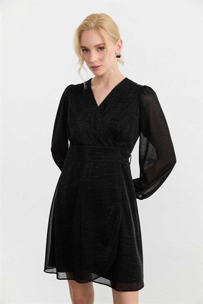 Anvelop Kapama Çizgi Desenli Simli Elbise  /  SİYAH