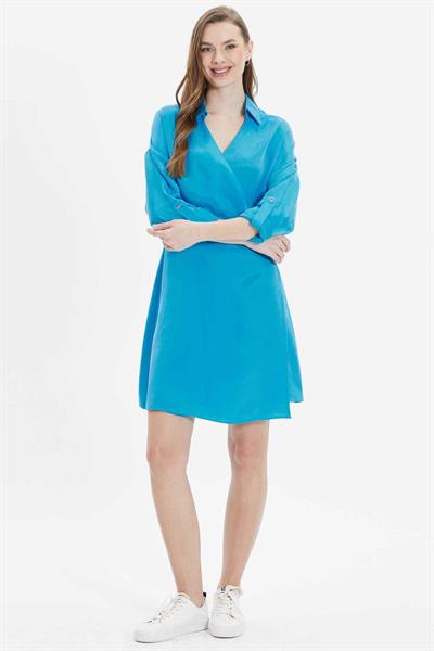 Anvelop Kapama Kolu Kıvırmalı Elbise  /  MAVİ