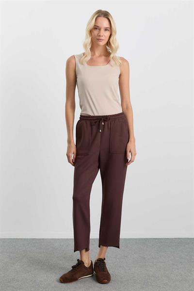 Arka Paça Uzun Dıştan Cep Beli Lastikli Örme Pantolon  /  KAHVE
