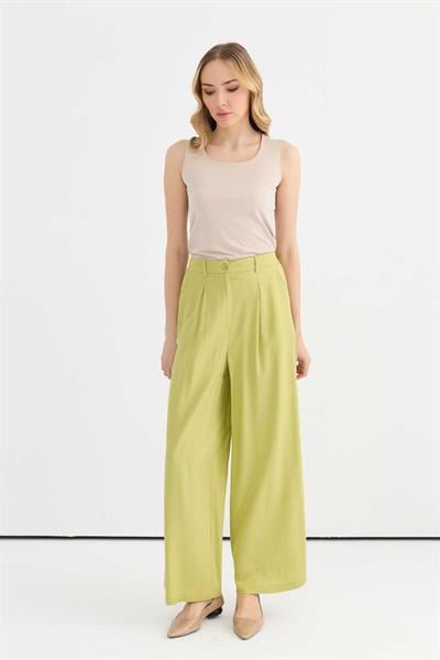 Arkası Lastikli Önü Plili Bol Paça Pantolon  /  YEŞİL