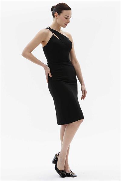 Asimetrik Yaka Cut Out Detaylı Elbise  /  SİYAH