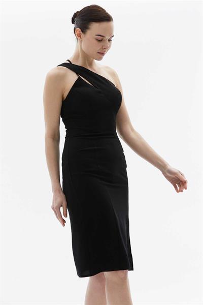 Asimetrik Yaka Cut Out Detaylı Elbise  /  SİYAH
