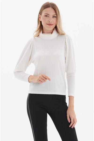 Balıkçı Yaka Kolları Büzgülü Triko Bluz  /  EKRU