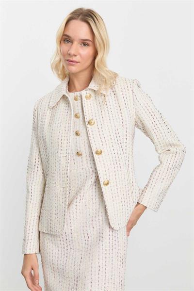 Bebe Yaka Dik Cepli Kendinden Simliı Ceket  /  EKRU