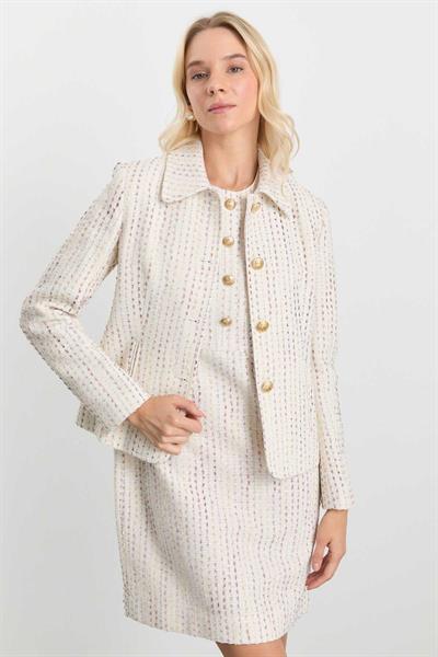 Bebe Yaka Dik Cepli Kendinden Simliı Ceket  /  EKRU
