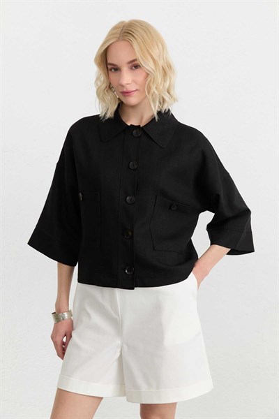 Bebe Yaka Önü Düğmeli Truvakar Kol Ceket  /  SİYAH