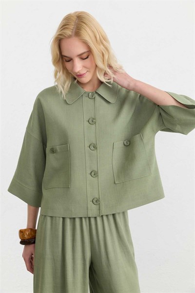 Bebe Yaka Önü Düğmeli Truvakar Kol Ceket  /  HAKİ