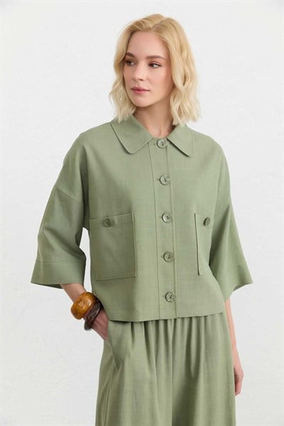 Bebe Yaka Önü Düğmeli Truvakar Kol Ceket  /  HAKİ