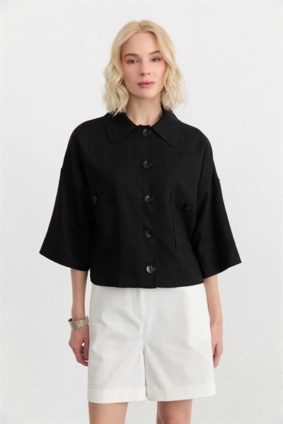 Bebe Yaka Önü Düğmeli Truvakar Kol Ceket  /  SİYAH