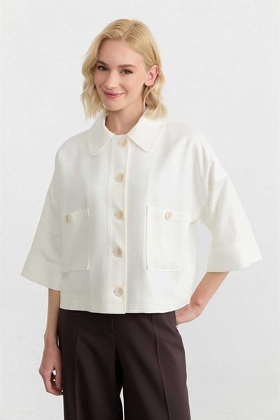 Bebe Yaka Önü Düğmeli Truvakar Kol Ceket  /  EKRU