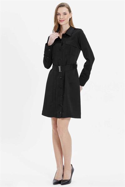 Belden Kemerli Dıştan Cep Önü Düğmeli Elbise  /  SİYAH